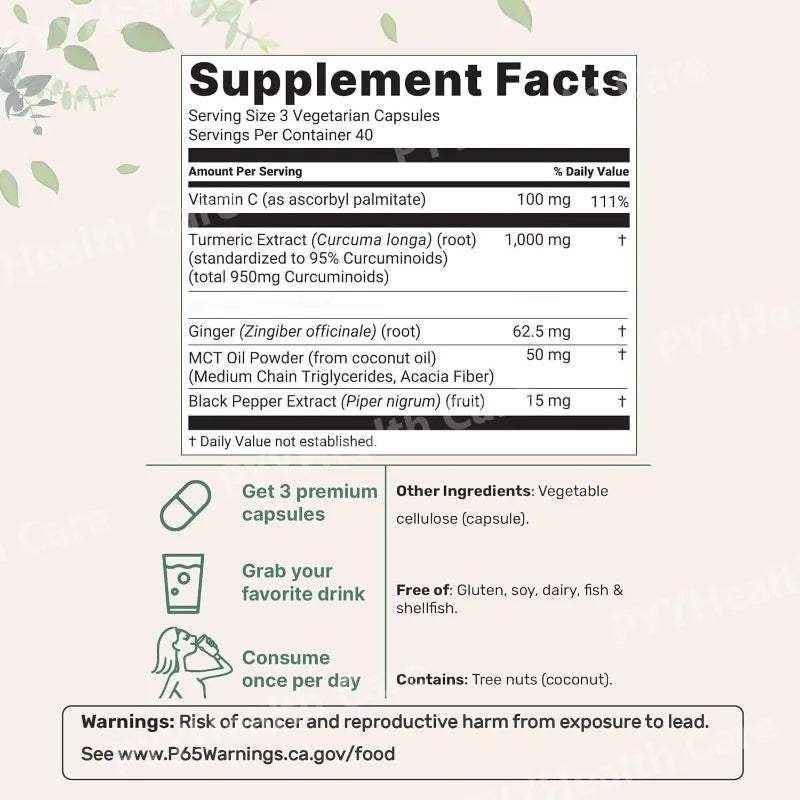 Turmeric Curcumin Botanical Supplement Pure Turmeric Extract Capsules with Ginger and Black Pepper 120 Pieces Per Bottle