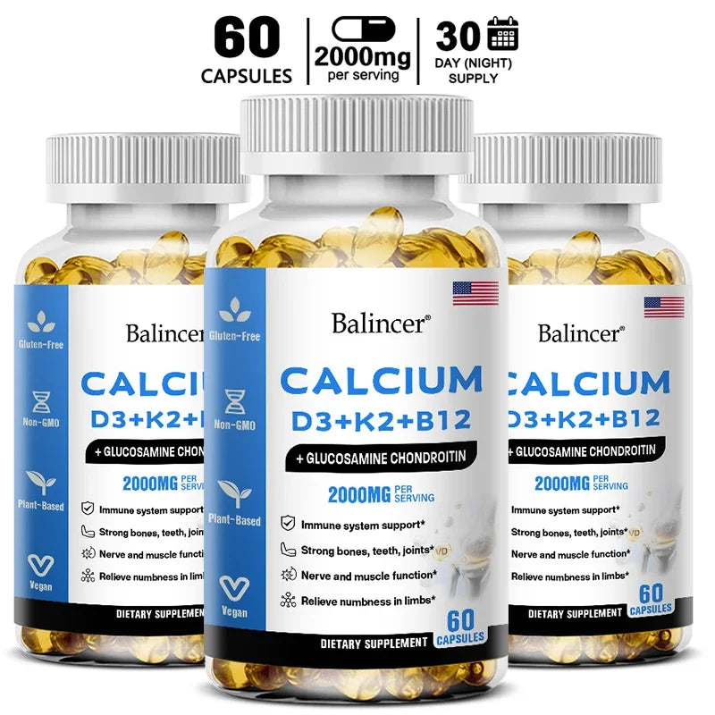 Calcium + D3 + K2 + B12 Capsules - Support Bone and Muscle Health, Replenish Joints