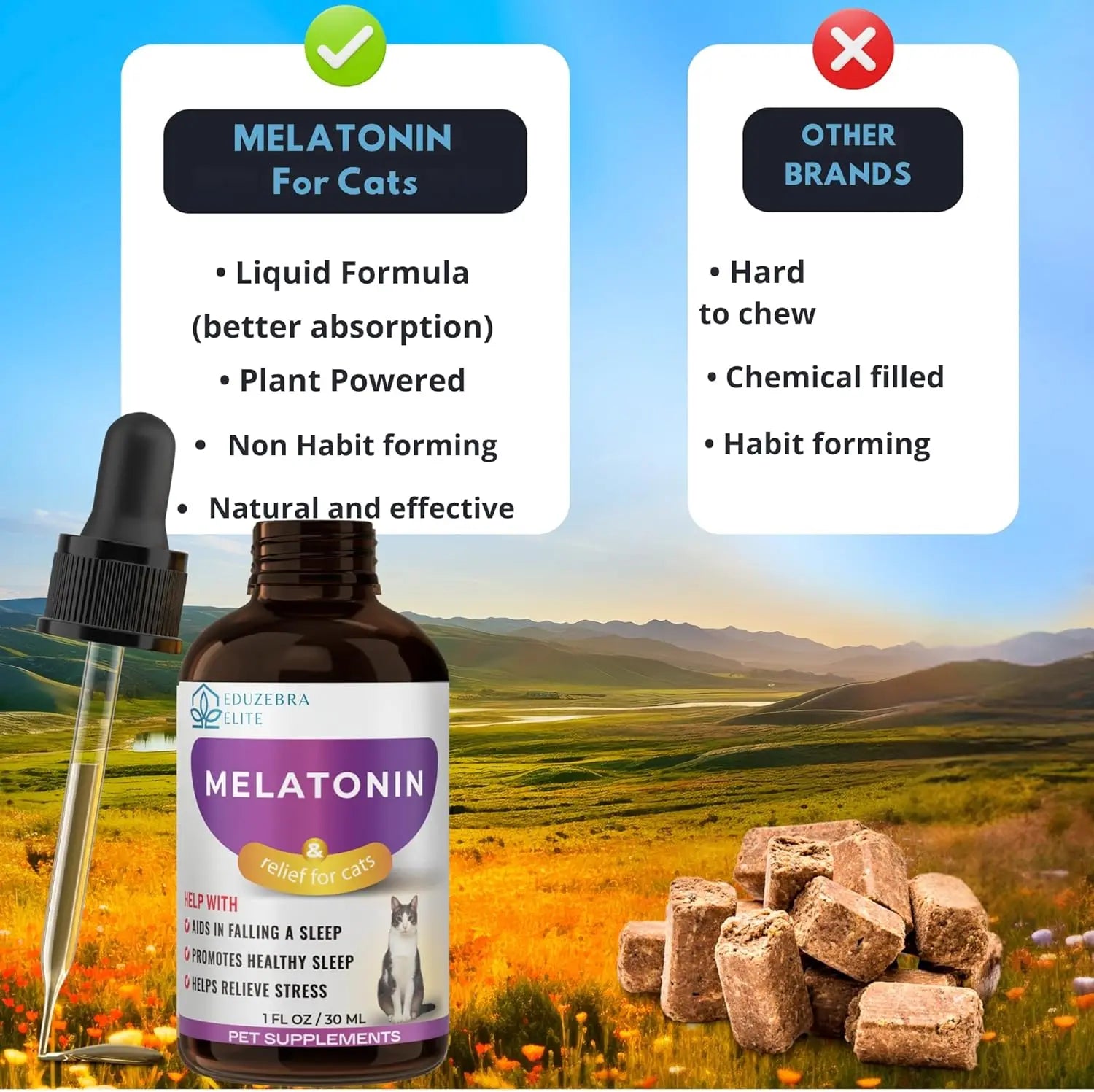 Cat Calming Melatonin Treats for Sleep & Anxiety Relief, Grooming Sedative