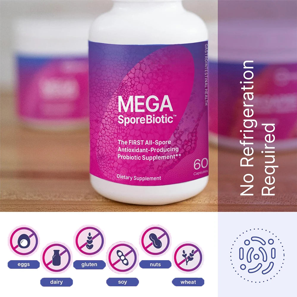 MegaSporeBiotic Probiotics for Men & Women - Immune, Gut Health & Digestive Support - Dairy, Soy & Gluten Free, 60 Veg Capsules