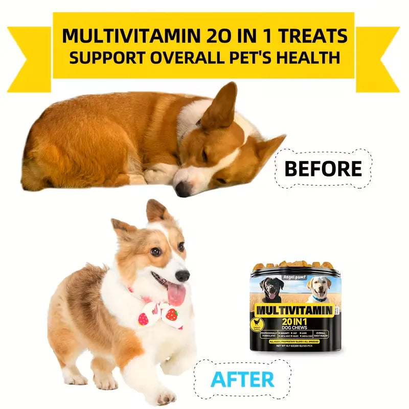 20-in-1 Dog Multivitamin Chews with Glucosamine & MSM, Omegas 3 & 6, Probiotics, Dog Vitamins and Supplements for Hip & Joint Health, Skin & Coat, Healthy Boost & Overall Natural Health 120 Soft Chews