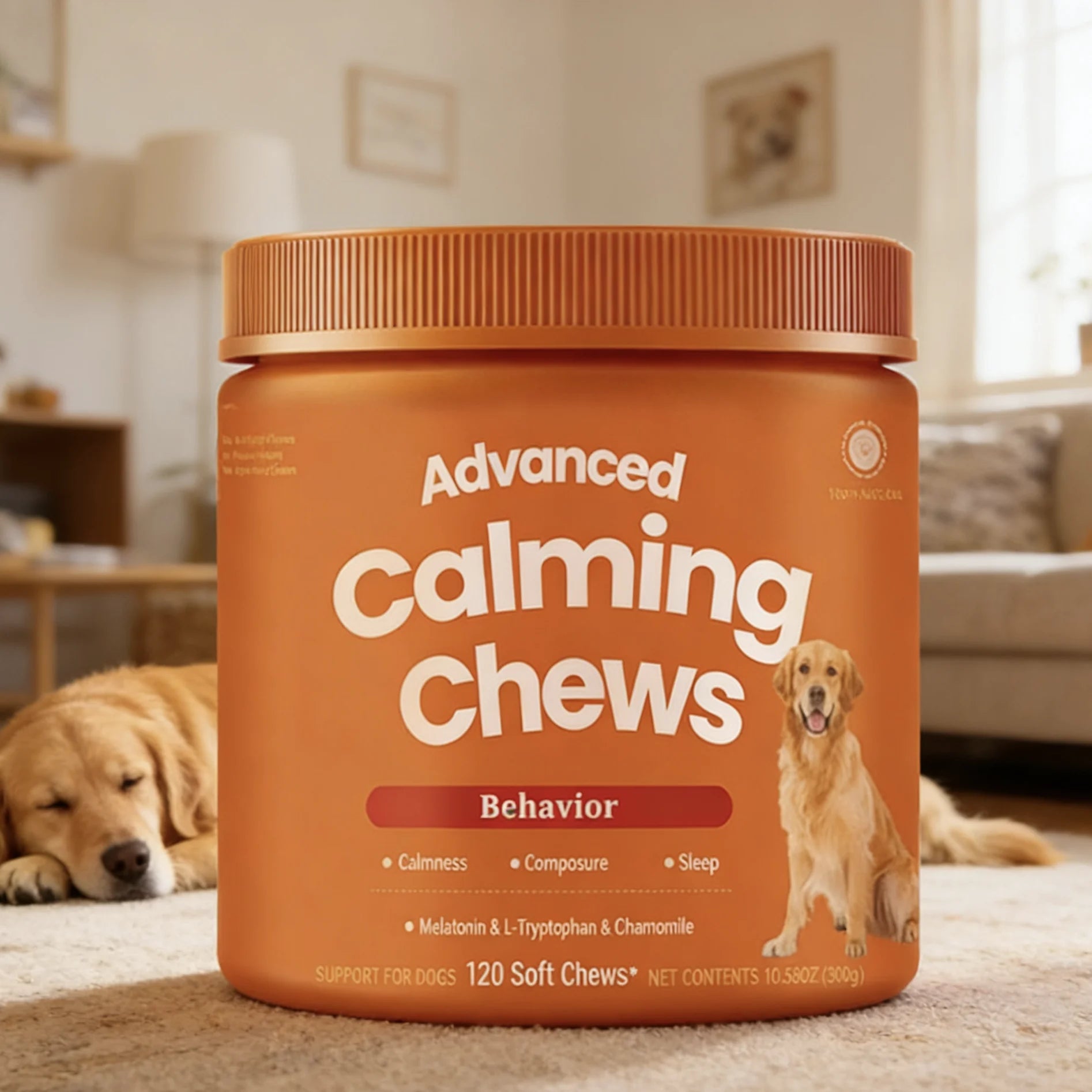 Advanced Calming Chews for Dogs — Melatonin, L-Tryptophan & Chamomile (120ct)