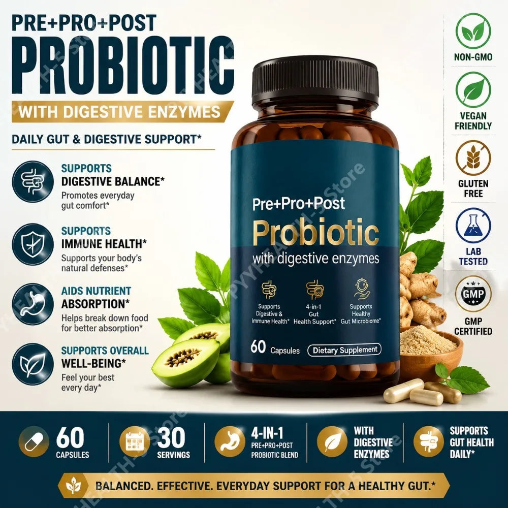 Premium Gut Health Capsules 4-in-1 Probiotic, Pre & Postbiotic with Digestive Enzymes Supports Digestive Comfort Wellness, 60 Ct